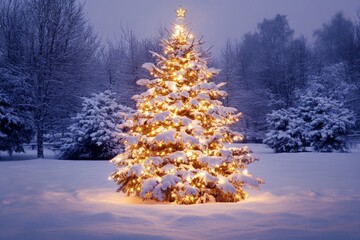 Wall Mural - Snowy night scene with illuminated Christmas tree, colorful lights, snowcovered branches creating festive winter wonderland.