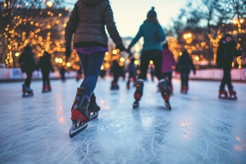 Wall Mural - Couple enjoying ice skating on frozen lake, surrounded by snowcovered trees under clear blue sky.