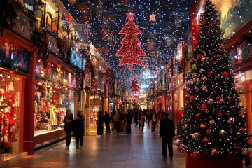 Wall Mural - festive christmas tree adorned with colorful ornaments, twinkling lights in bustling shopping area, 