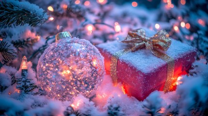Wall Mural - red gift box with bow sits atop snowcovered evergreen branch, capturing festive holiday spirit amid 