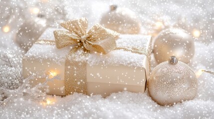 Wall Mural - Festive Christmas presents wrapped in red green paper, adorned with elegant gold bows, set against cozy holiday backdrop.