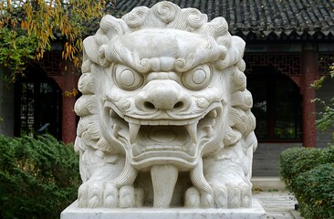 White stone lion head statue, style of ancient Chinese architecture