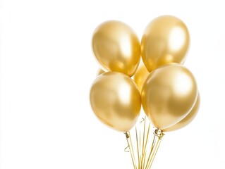 cluster of cheerful gold party balloons floating against a clean white background, creating a festive atmosphere that suggests celebration and joy