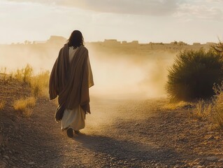 Wall Mural - depiction of jesus walking on a dusty path towards jerusalem, evoking a sense of spiritual journey and historical reverence