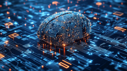 Wall Mural - A 3D image of a digital brain, showing its complex circuits and artificial intelligence technology.