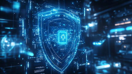 Wall Mural - a blue, glowing shield represents digital security in a futuristic world. this symbolizes how cybers