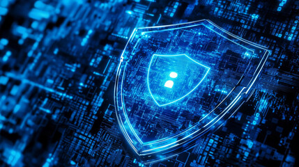 Wall Mural - a blue, glowing shield represents digital security in a futuristic world. this symbolizes how cybers