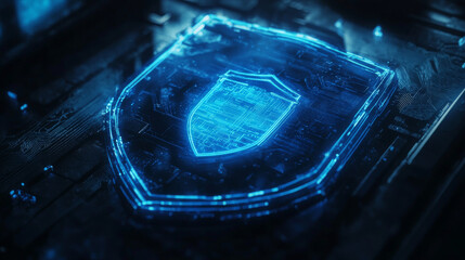 Wall Mural - a blue, glowing shield represents digital security in a futuristic world. this symbolizes how cybers