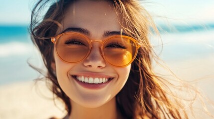 Poster - A woman with long brown hair and a pair of yellow sunglasses is smiling