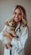© Andrei - pretty vet doctor holding puppy pet dog. ai generated