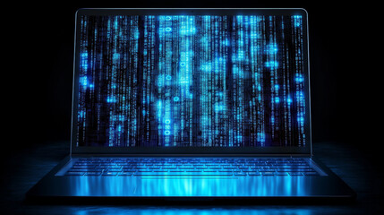 A futuristic, blue, pixelated design on a laptop screen represents programming code. It symbolizes software development and digital coding in a modern, tech-focused style.