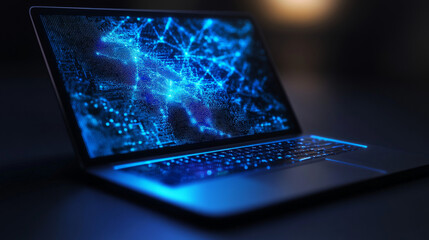 A futuristic, blue, pixelated design on a laptop screen represents programming code. It symbolizes software development and digital coding in a modern, tech-focused style.