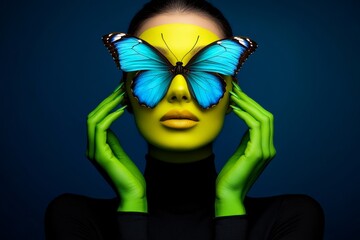 Wall Mural - woman with green hands is holding a butterfly in her face. the butterfly is blue and the woman's fac