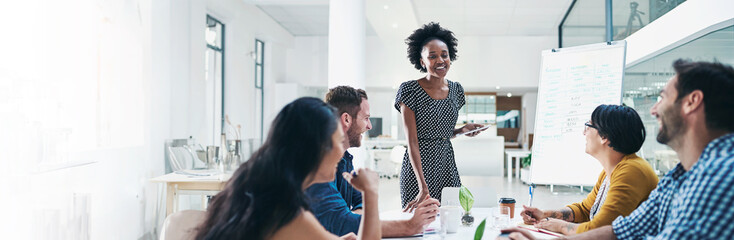 Poster - Woman, presentation and group at startup with tablet, whiteboard or discussion with diversity in office. Speaker, presenter and business people with meeting, team and brainstorming at creative agency
