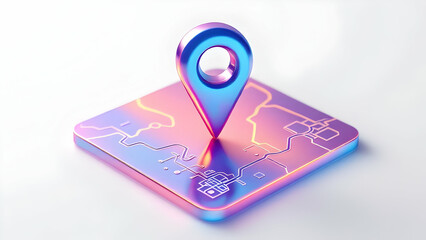 A 3D metallic map pin with a holographic effect stands on a square holographic surface with an embossed map design. The pin is blue and purple, and the surface is pink and blue. 