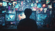 © ImageKing - A man is browsing the internet, looking at websites, playing games, joining online communities, and watching viral videos. The animation shows a stream of digital content.