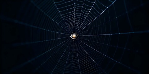 Intricate white spider web against a dark background.