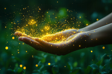 Poster - Abstract pollen particles as soft, glowing dots moving in the air around an open hand, capturing the reaction of allergies,