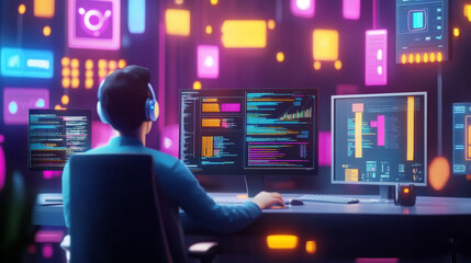 Programmer developer typing script source languages coding symbols  icon development project data programming software engineering IT technologies computer. 3d rendering