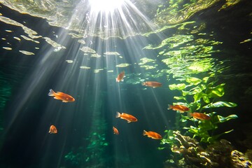 Wall Mural - A school of orange fish swim in a freshwater cenote with sunbeams shining through the water.