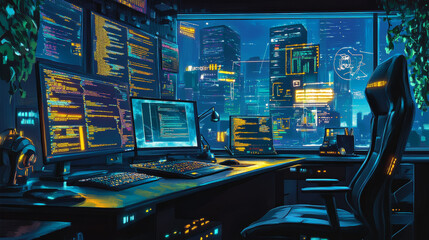 this illustration shows the world of computer programming, where people create software and games. i