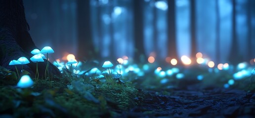 Wall Mural - Glowing mushrooms in a dark forest at night.