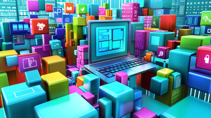This image shows the idea of creating software or games using computer programming. It uses 3D symbols and windows that represent code. It's about the world of technology and computer science.