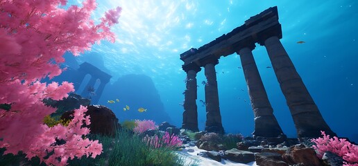 Wall Mural - Sunbeams illuminate an ancient temple submerged beneath the ocean surface, surrounded by colorful coral and fish.