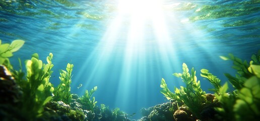 Wall Mural - Sunlight beams through clear blue water, illuminating green seaweed on the ocean floor.