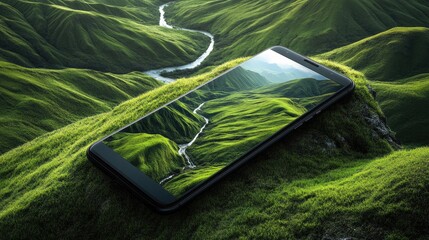 Wall Mural - A smartphone displaying a scenic view of a valley with a river winding through it, placed on a grassy hilltop.