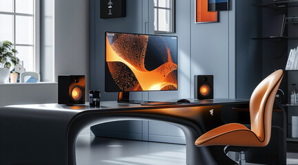 Poster - Modern workspace featuring a sleek black desk with subtle, abstract patterns in warm orange and cool blue tones, with the glossy surface. On the desk sits a minimalist computer monitor.