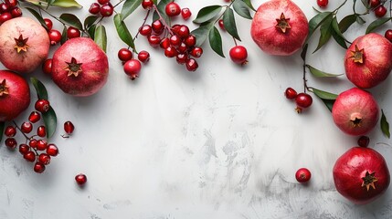 Wall Mural - Pomegranate branches, abundant fruits, Pure white background.