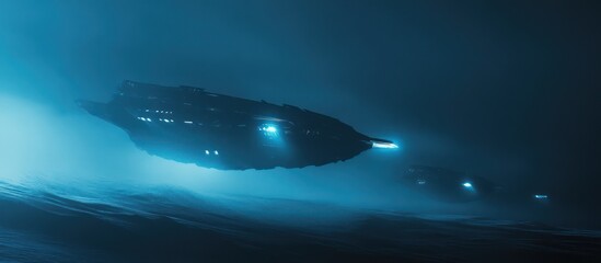 Wall Mural - Spaceship flying over a blue planet