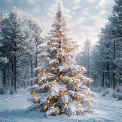 Aufkleber - Beautiful Christmas tree decorated in a snowy forest, beautiful winter scene.