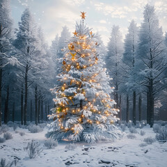 Aufkleber - Beautiful Christmas tree decorated in a snowy forest, beautiful winter scene.