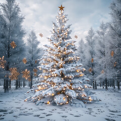 Aufkleber - Beautiful Christmas tree decorated in a snowy forest, beautiful winter scene.