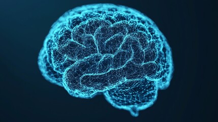 A glowing blue digital representation of a human brain against a dark background, symbolizing intelligence, technology, and neuroscience.