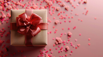 Poster - A gift box with red ribbon and heart decorations on a pink background, celebration of Valentine's day.