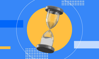 halftone collage, Modern graphic, hourglass on a blue and yellow background, time management and productivity deadline reminders, and time-related content