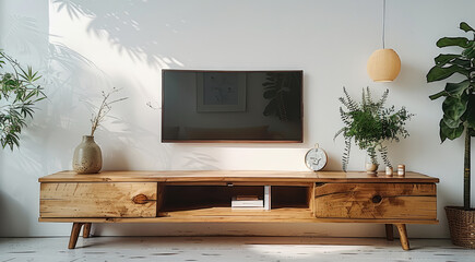 Fototapete - Wood TV Unit, wooden TV Stand, on a white background.