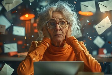 Poster - A stressed middle aged woman wearing glasses at a desk looking worried, She is overwhelmed with having to use old software. She's surrounded by old technology and represent emails swirling around her.