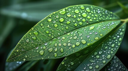 Poster - The leaves vibrant green, with dew drops glistening on the surface to emphasize freshness.