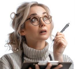 Leinwandbilder - Women, Attentive caregiver listening intently, with a pen and clipboard, showing genuine concern, white background.