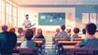 © CoolPook - A bright and inspiring classroom scene with a male teacher explaining a lesson on a smart board, students seated attentively in the foreground, reflecting a positive learning atmosphere