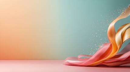 Colorful ribbons flow dynamically to the right with shimmering sparks, set against a soft gradient background of peach and mint tones, creating a lively atmosphere.