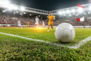 A close-up view of a soccer ball on the field during a night match, with players and an excited crowd in the background.