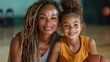 © Larisa AI - A heartwarming scene of a mother and daughter smiling together on a basketball court, symbolizing family bonding, joy, and shared activity in a sports environment.