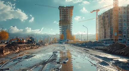 Poster - Landscape of construction site, with a building framework rising in the background, project development.