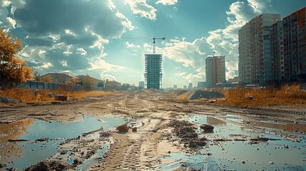 Poster - Landscape of construction site, with a building framework rising in the background, project development.