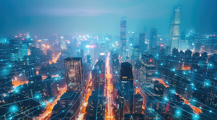 Poster - Futuristic city with AI-integrated infrastructure, autonomous vehicles, and smart buildings.